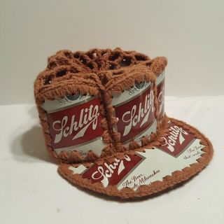 Vtg Schlitz Beer Can Crocheted Cap Baseball Hat Brown Handmade Folk Art 2