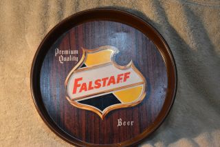 Vintage Falstaff Beer Serving Tray,  Wood Grain Look,  13 " Diameter