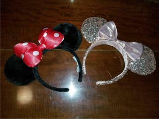 2 Guc Disney Park Minnie Mouse Headband Ears Black Red Dot Bow & Rosegold Sequin