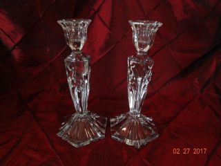 Pair 9 " Heavy Clear Glass Candle Holders Candle Sticks Design Euc