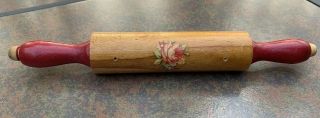 Vintage Small 8” Wood Rolling Pin With Red Handles With Flower