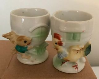 Vintage Ceramic Egg Cups On Pedestals,  Set Of 2,  Rabbit & Chicken,  Japan