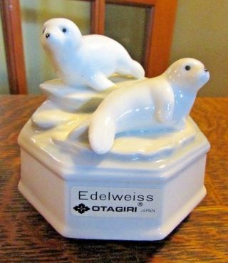 Otagiri Japan Rotating Music Box,  Edelweiss,  White Harp Seal Pups