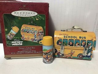 2001 Disney Hallmark Mickey Mouse Xmas Ornament School Bus Lunch Box Thermos Set