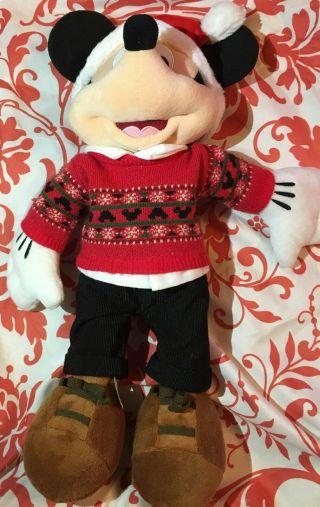 Disney Store Mickey Mouse Holiday Plush 16 " Christmas 2018 Sweater Santa Hat