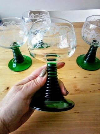 Vintage.  2 Lt Green Beehive Stem Large Wine Hock Roemer Glasses 13.  5 Cm X 4