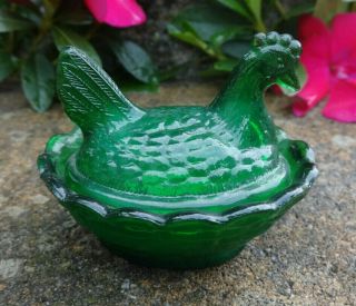 Boyd Furr Green Glass Hen - On - Nest,  Chicken Open Salt Dip/cellar,  Dish