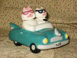 Clay Art Bobble Nodder Salt & Pepper Shakers Cats In Cadillac Car " Purr "