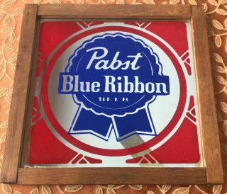 Vintage 13.  5 " Square Pbr Pabst Blue Ribbon Painted Bar Mirror/sign W/ Wood Frame
