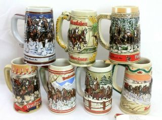 (7) Vintage 1980s - 1990s Budweiser Christmas/holiday Ceramic Mug/steins