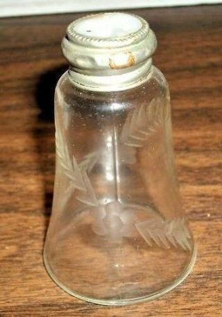 Antique Vintage Salt/pepper Shaker Mop Mother - O - Pearl Cap Inset Etched Glass Old