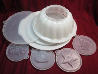 Vintage 7 Pc Tupperware Jel N Serve Jello Mold 2 Lids Platter 4 Imprints Gel