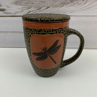 Always Azul Pottery Coffee Mug And Lid Brown Dragonfly Made In Usa 5 " 14oz