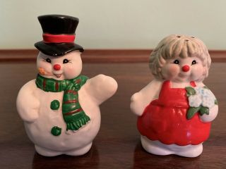 Vintage Ceramic Frosty The Snowman And Crystal Salt And Pepper Shakers