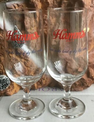 2 Hamm ' s Stubby Goblet Taster Beer Glass Hamm’s Sky Blue Waters Red Letters 2