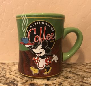 Disney Theme Park Mickey’s Really Swell Coffee Brand Lg Green Coffee Mug Vtg