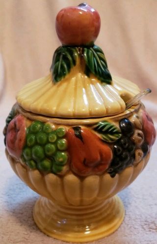 Vintage " Apple Top " Pedestal Jam/jelly Dish With Lid And Spoon Hand Painted