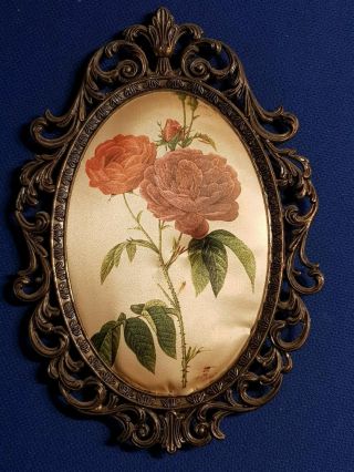Vintage Ornate Brass Frame With Silk Picture Flower Roses Made In Italy