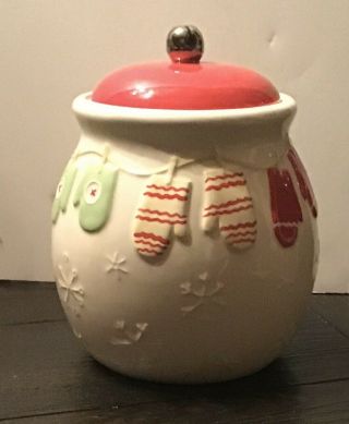 Hallmark Christmas Cookie Jar /candy W/mittens On Clothesline Jingle Bell Top