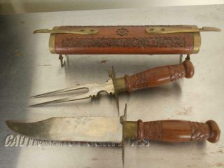 Vintage Carving Knife Fork Set Hand Carved Wooden Case,  Brass