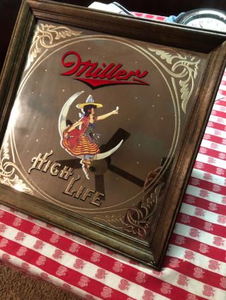 Vintage Miller High Life Beer Girl On The Moon Framed Sign Mirror 1980