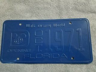 Walt Disney World Opening Metal License Plate 1971 Blue Lettering