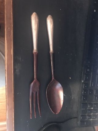 Solid Sterling Silver Handle And Wood Salad Spoon & Fork Serving Set