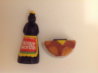 Vintage Plastic Mrs Butterworth Syrup Bottle And Pancakes Refrigerator Magnets