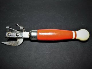 Vintage A&j Can Bottle Opener Tool Tempered Steel Red/cream Painted Wood Handle