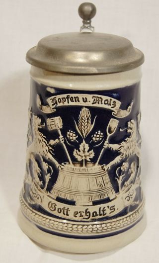 Vintage Gerz W Germany Beer Stein With Lid Hopfen U.  Malz Gott Erhalt 