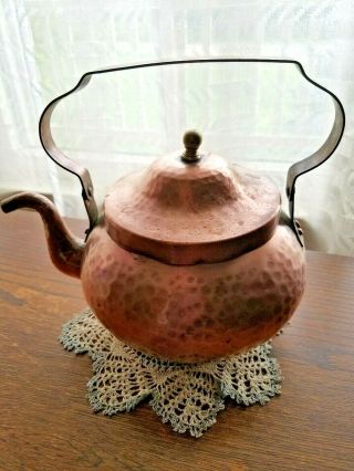 Vintage Hammered Copper Teapot Tea Kettle With Lid Swivel Handle W/ Rivets