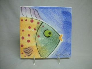 Marco E Cristina Ceramic Tile Trivet Hand Painted Fish Artist Signed,  Italy Vntg