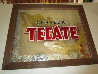 Cerveza Tecate Vintage Wood Frame Beer Mirror.  22 1/2 Inches By 18 1/2 Inch