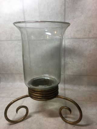 Large Bubble Hand Blown Glass Vase Pillar Candle Holder Wrought Iron Base