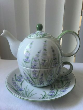 Andrea By Sadek Fine Ceramic Teapot " Tea For One " Stackable 4pc Set Flowers