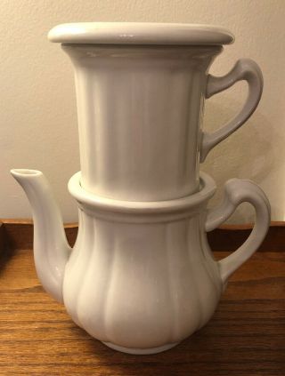 Vintage Schlaggenwald White Porcelain 3 Piece Tea Pot W/ Strainer Czechoslovakia