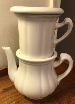 Vintage Schlaggenwald White Porcelain 3 Piece Tea Pot w/ Strainer Czechoslovakia 2