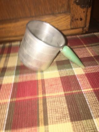 Vintage Aluminum Measuring Cup With Green Wooden Handle Made In Usa