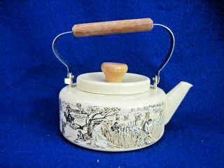 Vtg Made In Japan Farm Scene Beige Yellow Enamelware Teapot Wood Handle Tea Pot