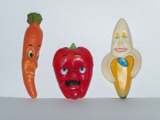 3 Vintage Arjon Refrigerator Magnets Tomato.  Banana,  Carrot With Eyes
