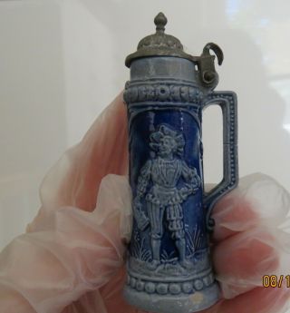 Vintage Musterschutz Miniature Stein W/ Lid German Antique Lidded Blue Tankard