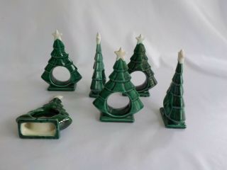 Green Christmas Tree White Star Ceramic Hand Painted Napkin Ring Total 6
