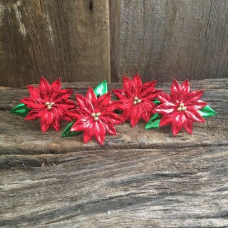 Dept.  56 Red Poinsettia Metal Napkin Ring Holders Set Of 4 With Box