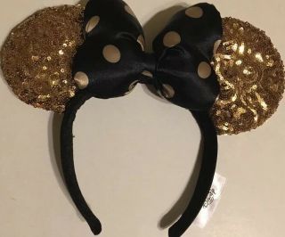Disney Parks Minnie Mouse Sequin Ears Black & Gold Bow Polka Dot Headband.