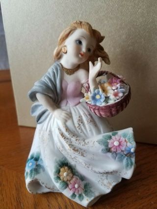 Royal Lefton Hand Painted Girl With Basket Of Flowers Figurine Kw125a