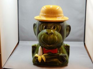 Vintage Large Green Ceramic Monkey Biscuit Cookie Jar With Banana And Hat