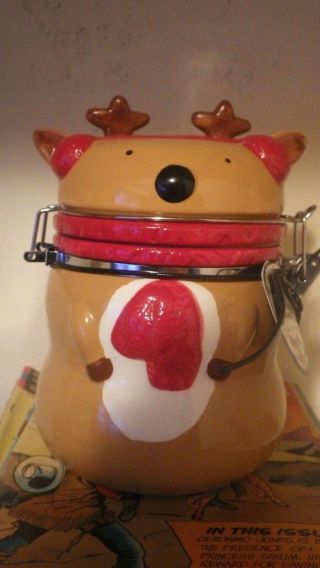 Reindeer Holiday Ceramic Canister Swiss Miss Cocoa Cookie Jar EMPTY 2