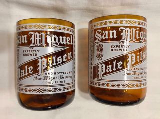 Set Of 2 Vintage San Miguel Beer Bottle Cut Glasses Pale Pilsner Amber Glass