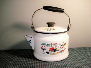 Vintage Enamelware Tea Kettle Teapot Wood Handle Turkey Dinner Motif