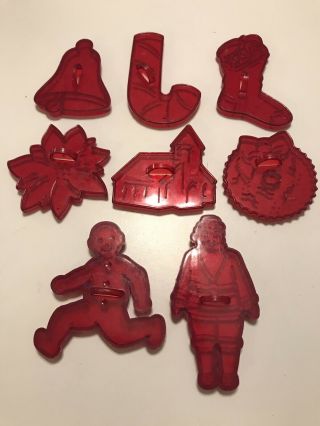 8 Vintage Red Plastic Hrm Christmas Cookie Cutters Santa Church Bell Stocking,